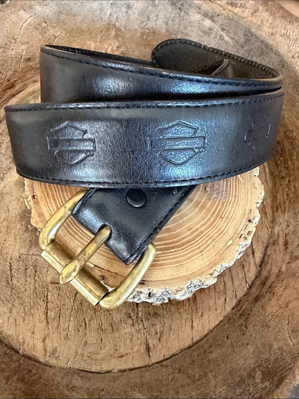 Vintage Black Leather Harley-Davidson Branded Belt Brass Buckle Size 30